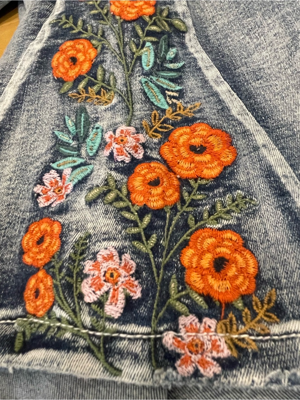 Light Blue Denim Wide-Leg Jeans with Orange Floral Embroidery